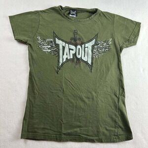 Vintage Y2K Tapout MMA UFC Grunge Spellout Logo Olive Green T-Shirt Womens Small